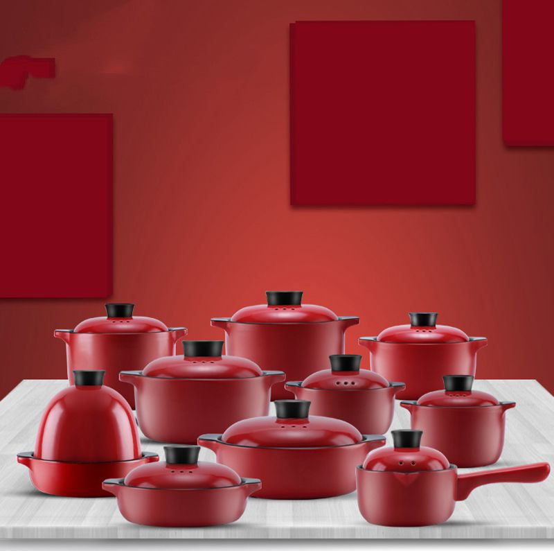 Red Ceramic Stock Pot Heat-Resistant Multi-Purpose Kitchen Casserole